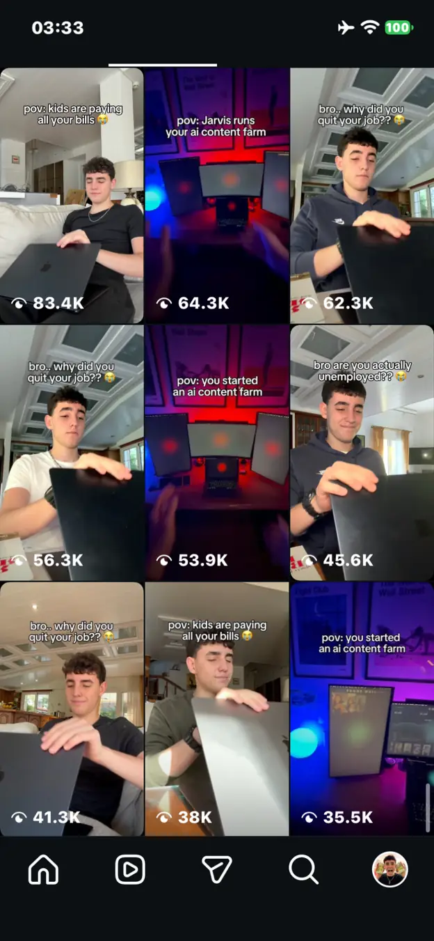 Nine selected videos with 83.4K, 64.3K, 62.3K, 56.3K, 53.9K, 45.6K, 41.3K, 38K, and 35.5K views.